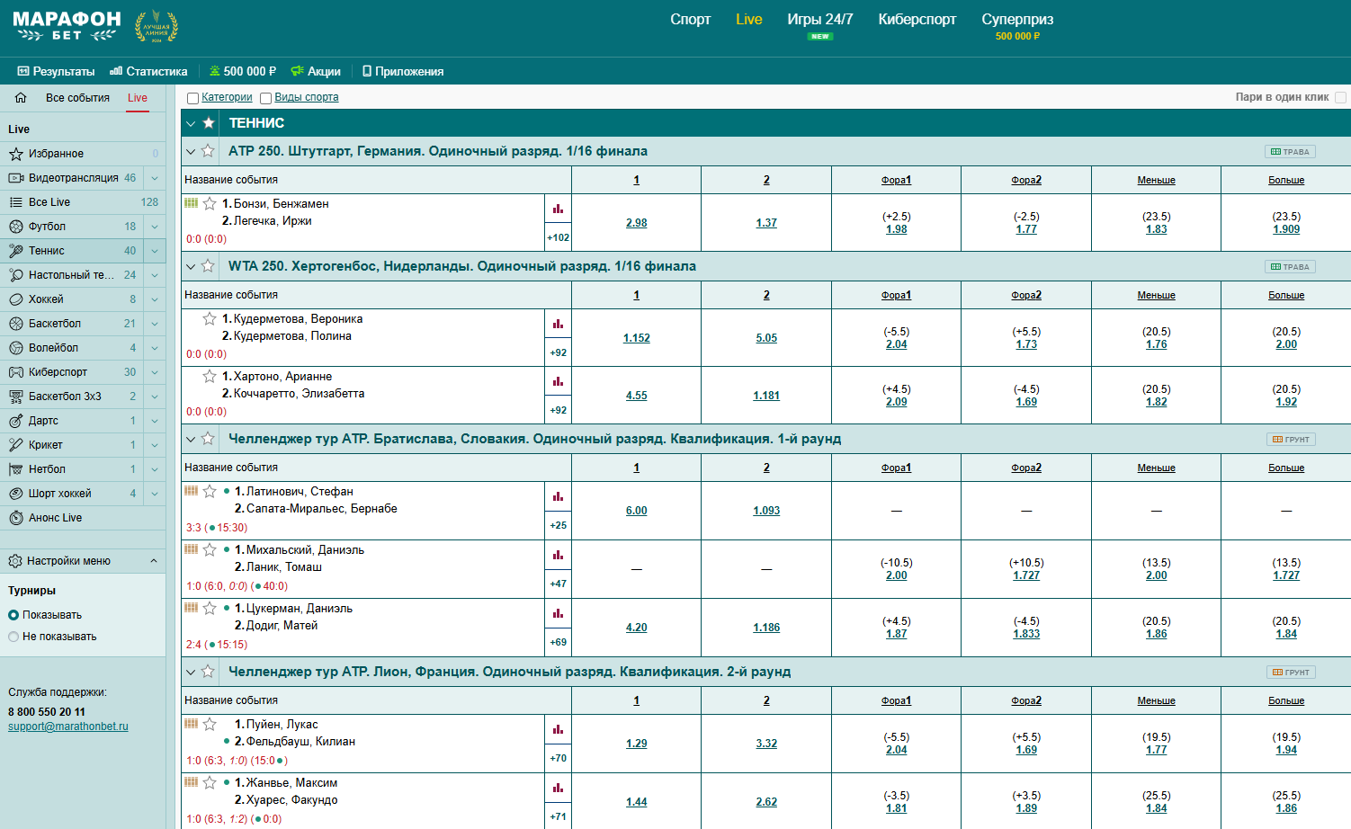 Ставвки лайв на теннис в БК Марафонбет