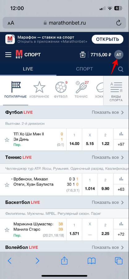 Личный кабинет в БК «Марафон»